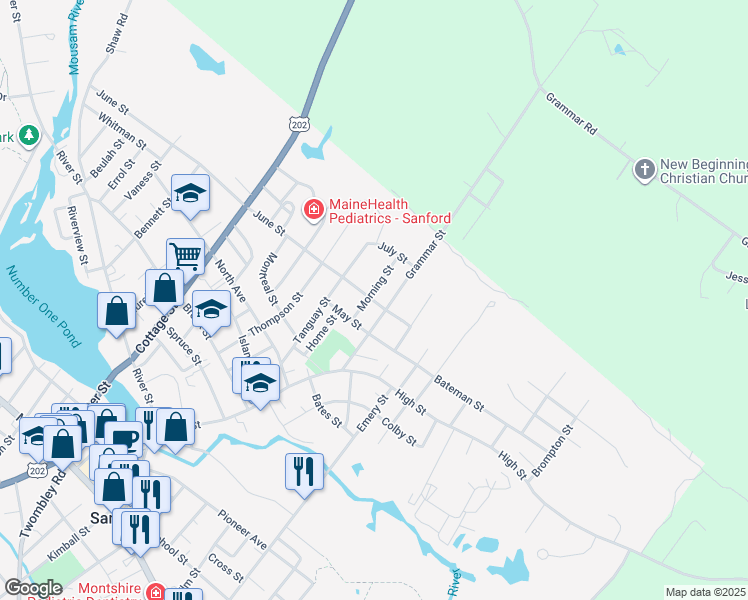map of restaurants, bars, coffee shops, grocery stores, and more near 14 Morning Street in Sanford