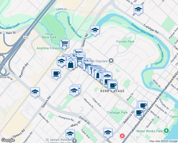map of restaurants, bars, coffee shops, grocery stores, and more near in Oakville