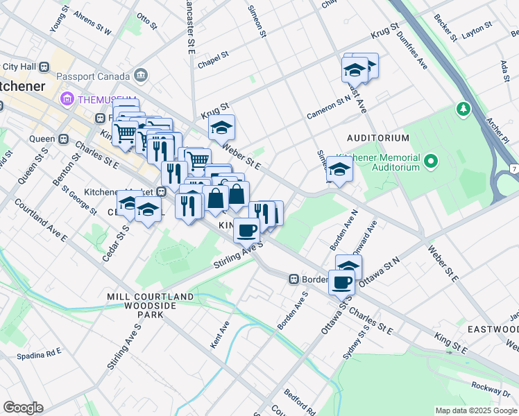map of restaurants, bars, coffee shops, grocery stores, and more near 29 Pandora Avenue North in Kitchener