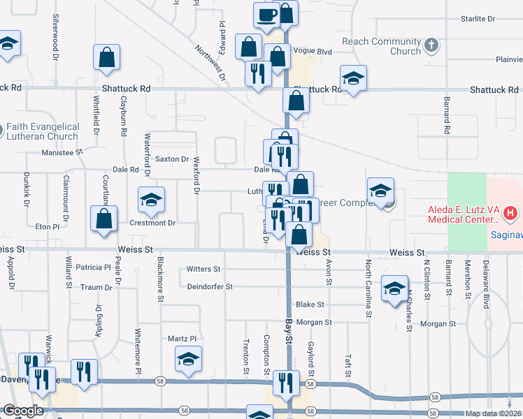 map of restaurants, bars, coffee shops, grocery stores, and more near 3111 Luther Road in Saginaw