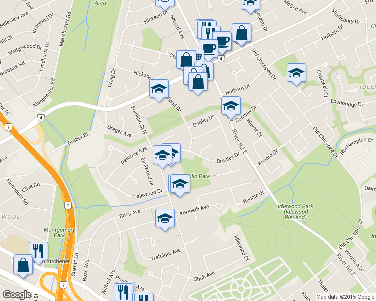 map of restaurants, bars, coffee shops, grocery stores, and more near 46 Bradley Drive in Kitchener
