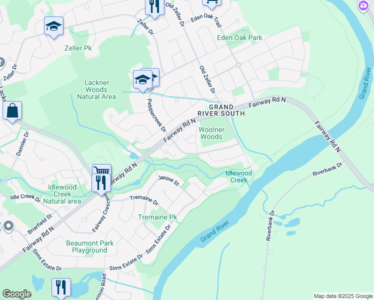 map of restaurants, bars, coffee shops, grocery stores, and more near 51 Upper Mercer Street in Kitchener