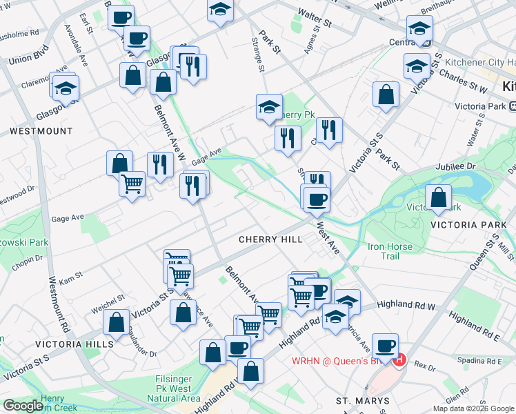 map of restaurants, bars, coffee shops, grocery stores, and more near 332 Patricia Avenue in Kitchener