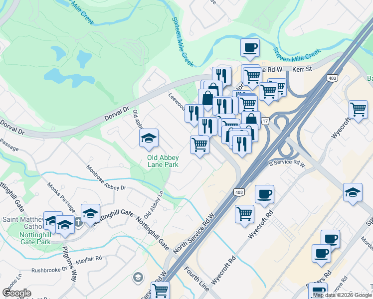 map of restaurants, bars, coffee shops, grocery stores, and more near 1101 Maidstone Crescent in Oakville