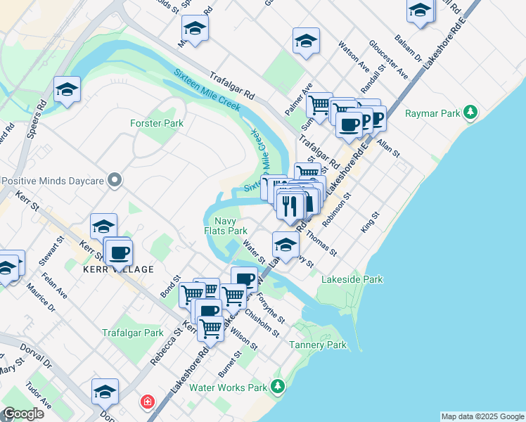 map of restaurants, bars, coffee shops, grocery stores, and more near in Oakville