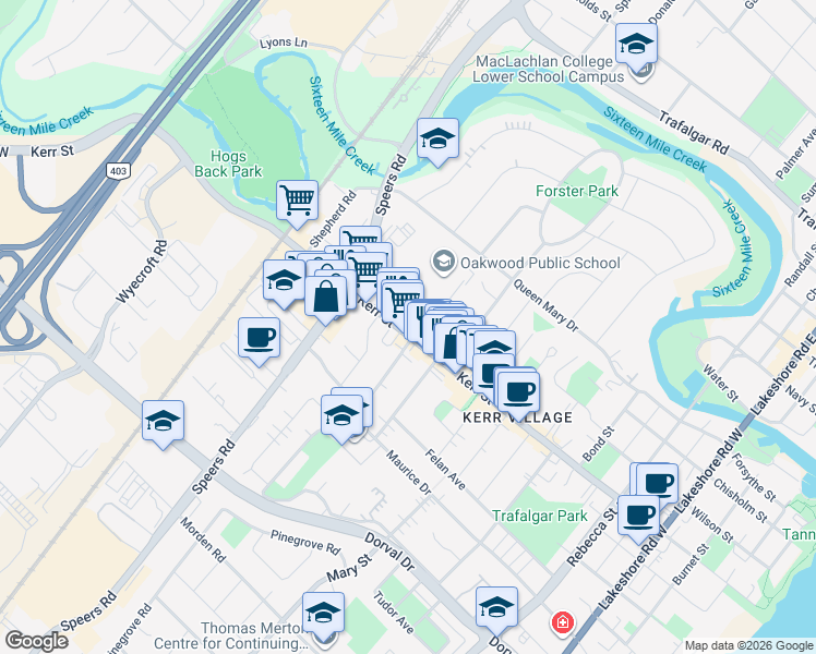 map of restaurants, bars, coffee shops, grocery stores, and more near 435 Kerr Street in Oakville