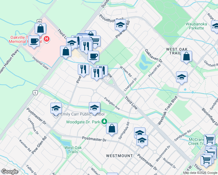 map of restaurants, bars, coffee shops, grocery stores, and more near 2376 Highcroft Road in Oakville