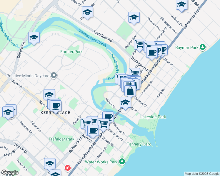 map of restaurants, bars, coffee shops, grocery stores, and more near 167 Navy Street in Oakville