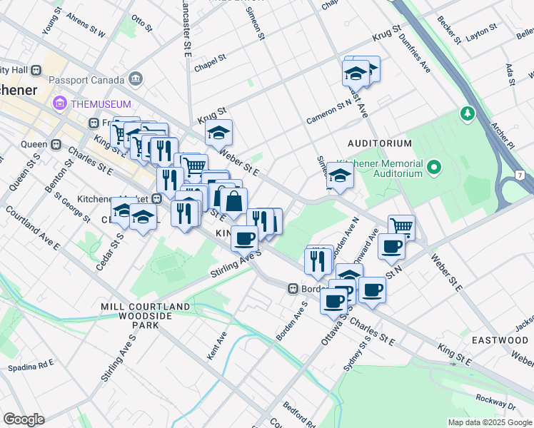 map of restaurants, bars, coffee shops, grocery stores, and more near 33 Fairview Avenue in Kitchener