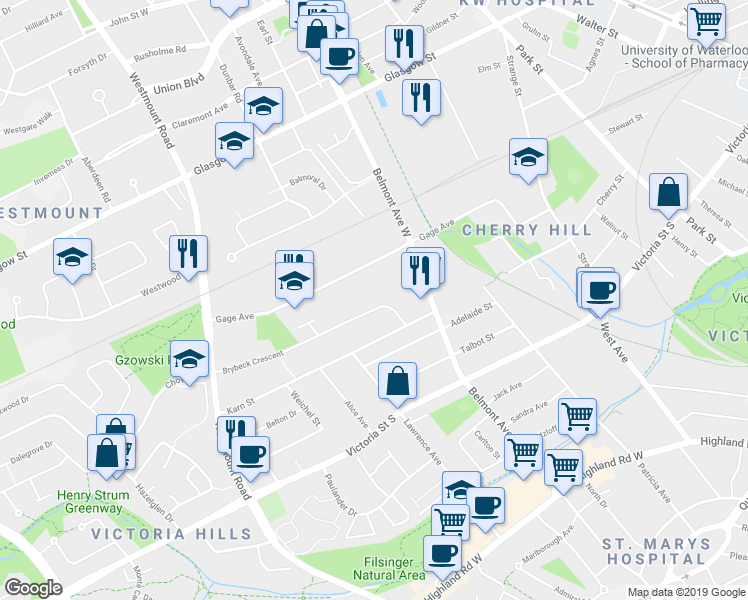 map of restaurants, bars, coffee shops, grocery stores, and more near 32 Brybeck Crescent in Kitchener