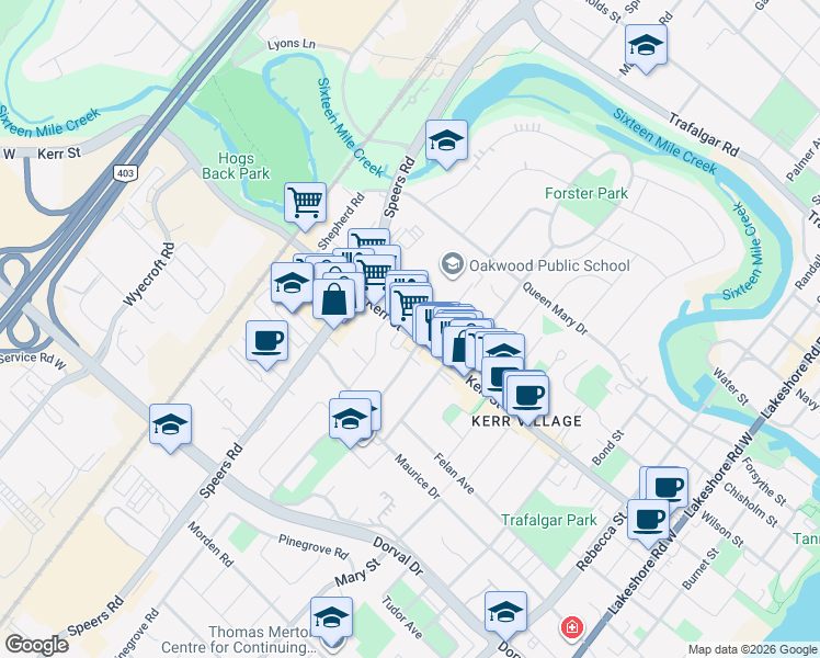 map of restaurants, bars, coffee shops, grocery stores, and more near 439 Kerr Street in Oakville