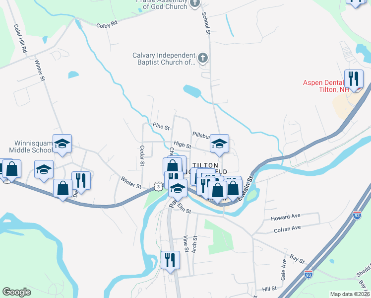 map of restaurants, bars, coffee shops, grocery stores, and more near 35 High Street in Tilton