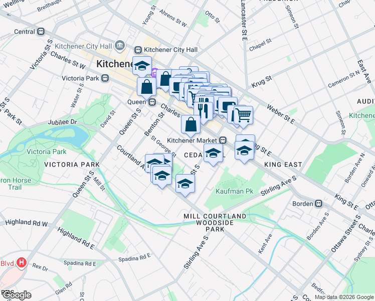 map of restaurants, bars, coffee shops, grocery stores, and more near 108 Church Street in Kitchener