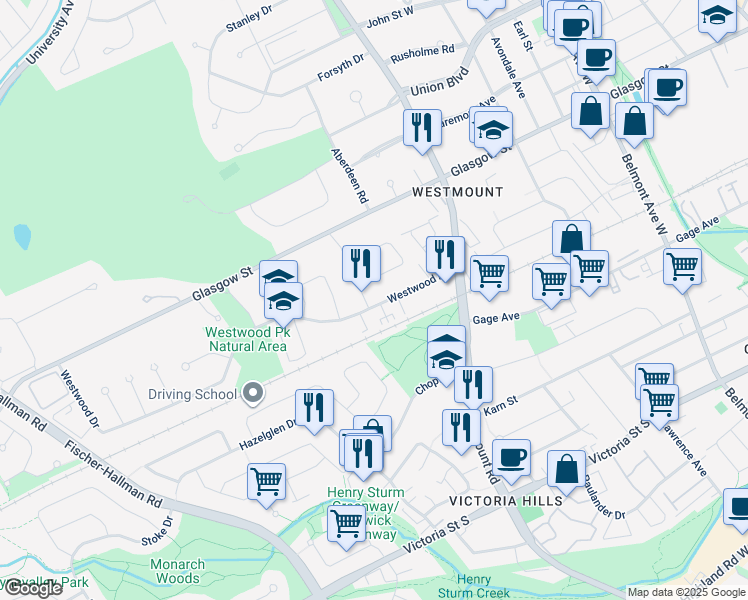 map of restaurants, bars, coffee shops, grocery stores, and more near 68 Westwood Drive in Kitchener