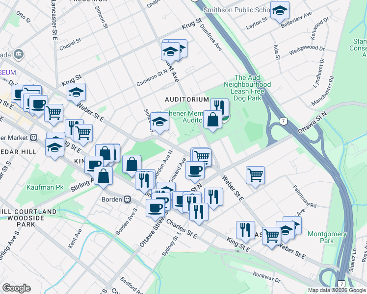 map of restaurants, bars, coffee shops, grocery stores, and more near 141 Borden Avenue North in Kitchener