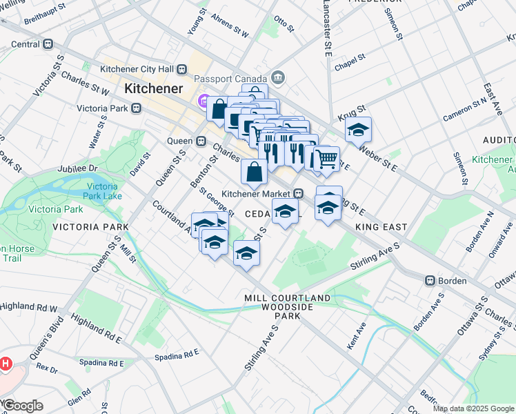 map of restaurants, bars, coffee shops, grocery stores, and more near 111 Church Street in Kitchener