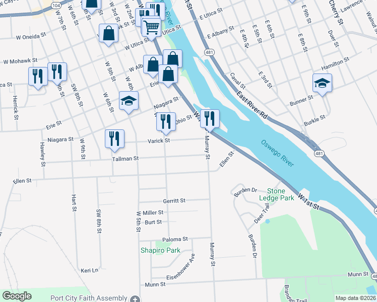 map of restaurants, bars, coffee shops, grocery stores, and more near 18 Varick Street in Oswego