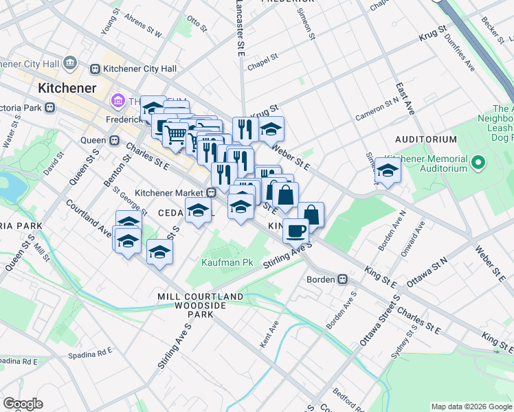 map of restaurants, bars, coffee shops, grocery stores, and more near 533 King Street East in Kitchener