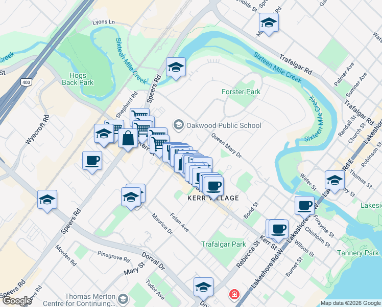 map of restaurants, bars, coffee shops, grocery stores, and more near 47 Stewart Street in Oakville