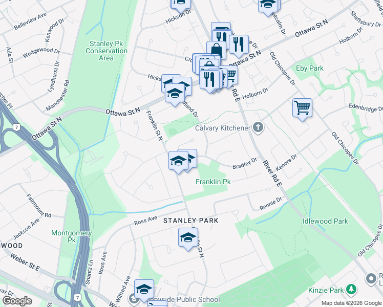 map of restaurants, bars, coffee shops, grocery stores, and more near 46 Bradley Drive in Kitchener