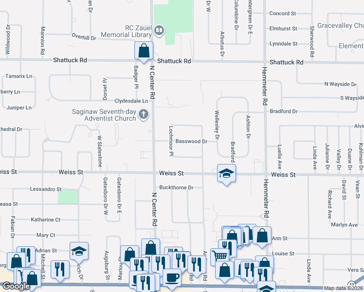 map of restaurants, bars, coffee shops, grocery stores, and more near 4851 Basswood Drive in Saginaw