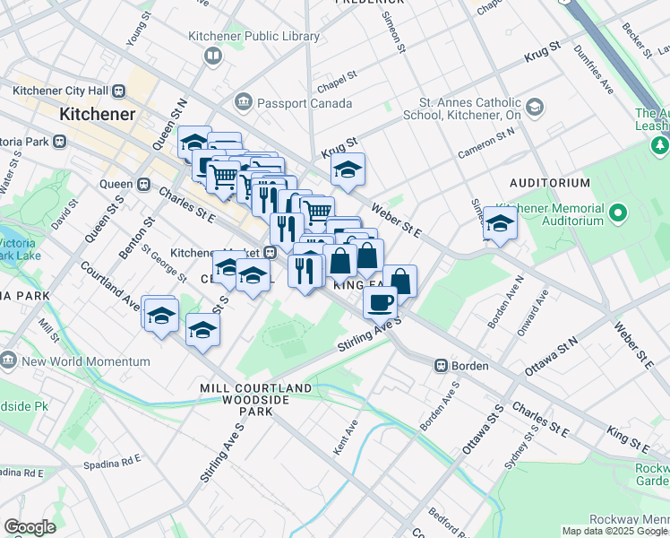 map of restaurants, bars, coffee shops, grocery stores, and more near 541 King Street East in Kitchener