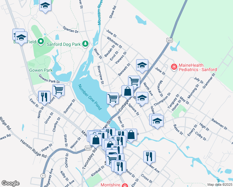 map of restaurants, bars, coffee shops, grocery stores, and more near 49 River Street in Sanford