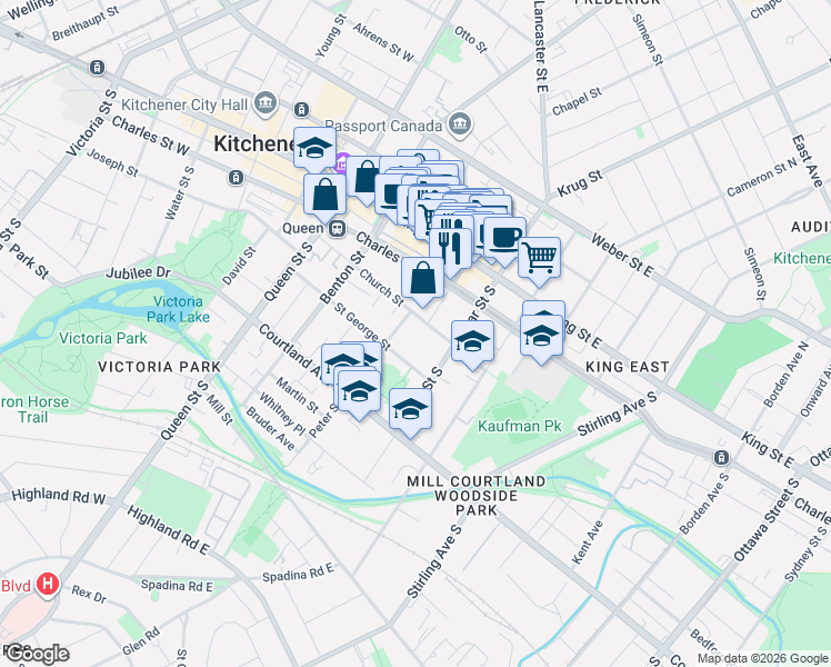 map of restaurants, bars, coffee shops, grocery stores, and more near 103 Church Street in Kitchener