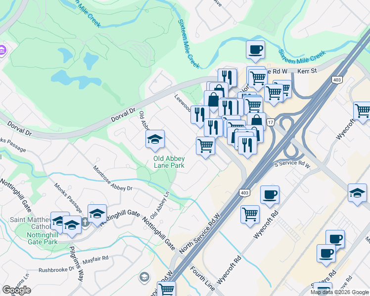 map of restaurants, bars, coffee shops, grocery stores, and more near 395 Maidstone Crescent in Oakville