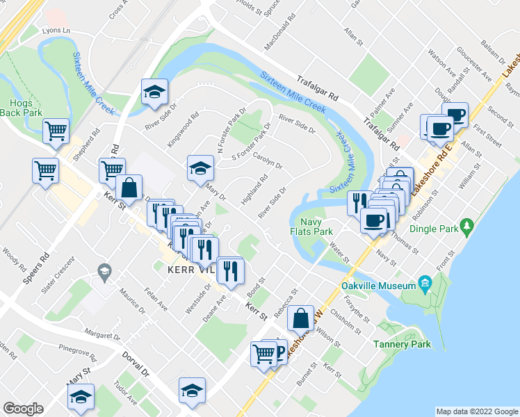 map of restaurants, bars, coffee shops, grocery stores, and more near 236 River Side Drive in Oakville