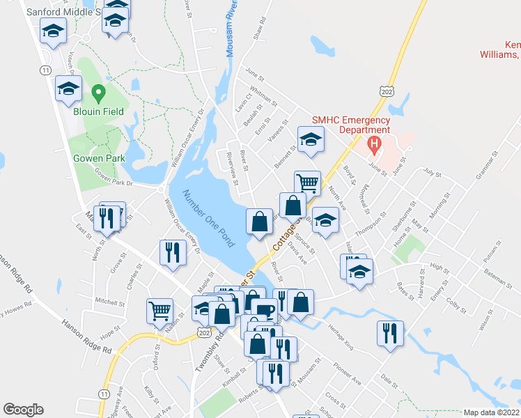 map of restaurants, bars, coffee shops, grocery stores, and more near 49 River Street in Sanford