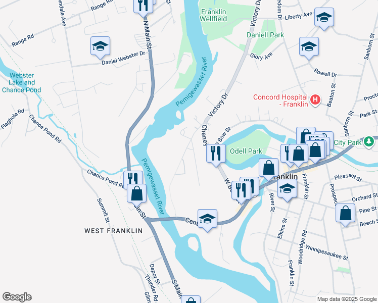 map of restaurants, bars, coffee shops, grocery stores, and more near 31 Thompson Park in Franklin