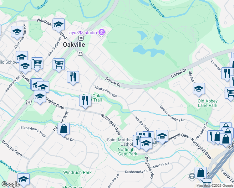 map of restaurants, bars, coffee shops, grocery stores, and more near 1333 Monks Passage in Oakville