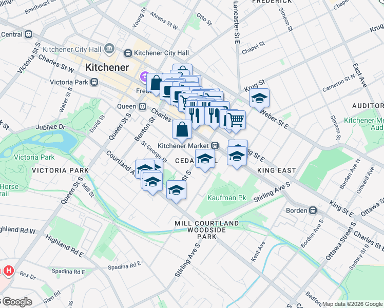 map of restaurants, bars, coffee shops, grocery stores, and more near in Kitchener
