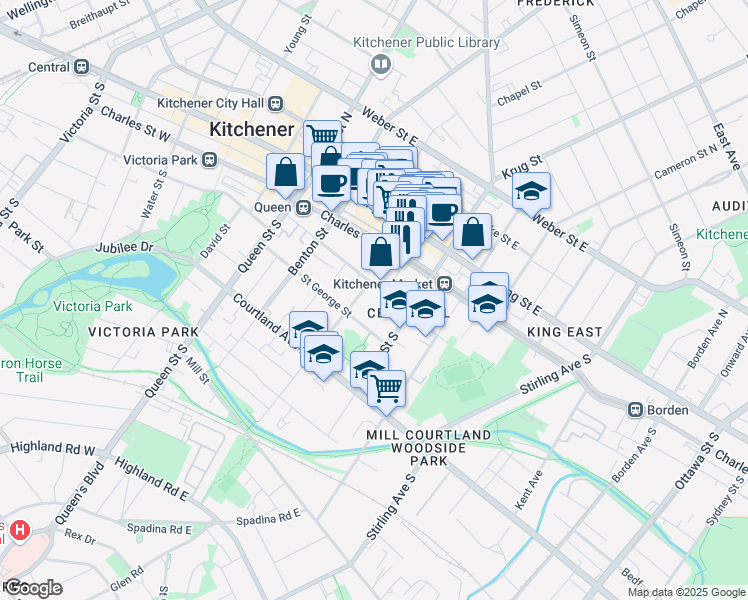 map of restaurants, bars, coffee shops, grocery stores, and more near 108 Church Street in Kitchener