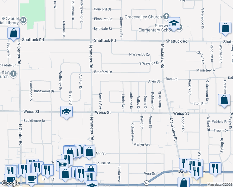 map of restaurants, bars, coffee shops, grocery stores, and more near 4325 Markham Street in Saginaw