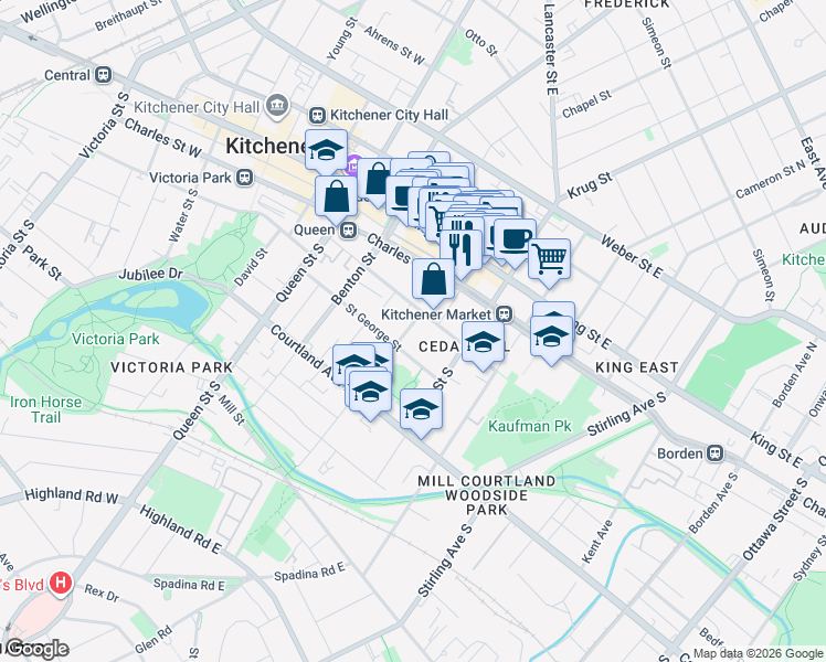 map of restaurants, bars, coffee shops, grocery stores, and more near 15 Peter Street in Kitchener