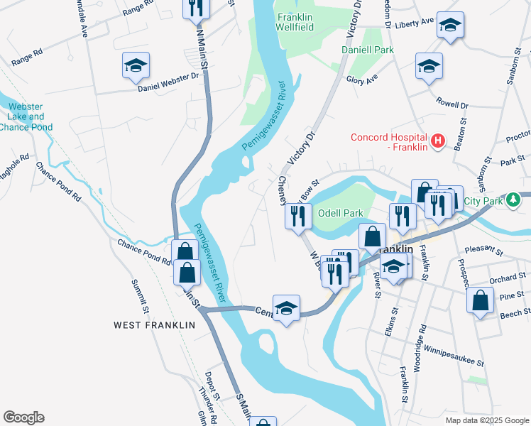 map of restaurants, bars, coffee shops, grocery stores, and more near 31 Thompson Park in Franklin