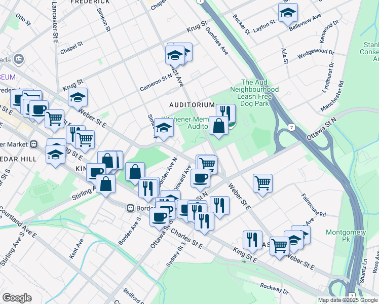 map of restaurants, bars, coffee shops, grocery stores, and more near 141 Borden Avenue North in Kitchener