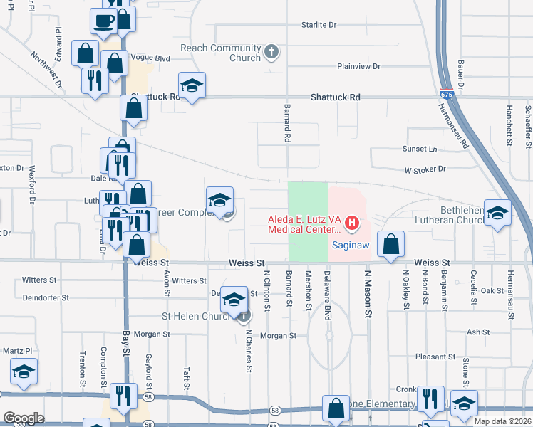 map of restaurants, bars, coffee shops, grocery stores, and more near 2001 Hudson Street in Saginaw