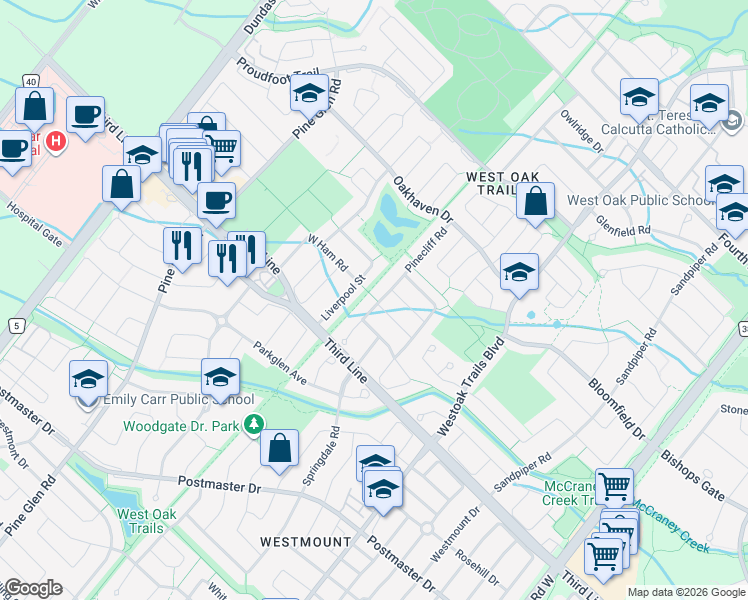 map of restaurants, bars, coffee shops, grocery stores, and more near in Oakville