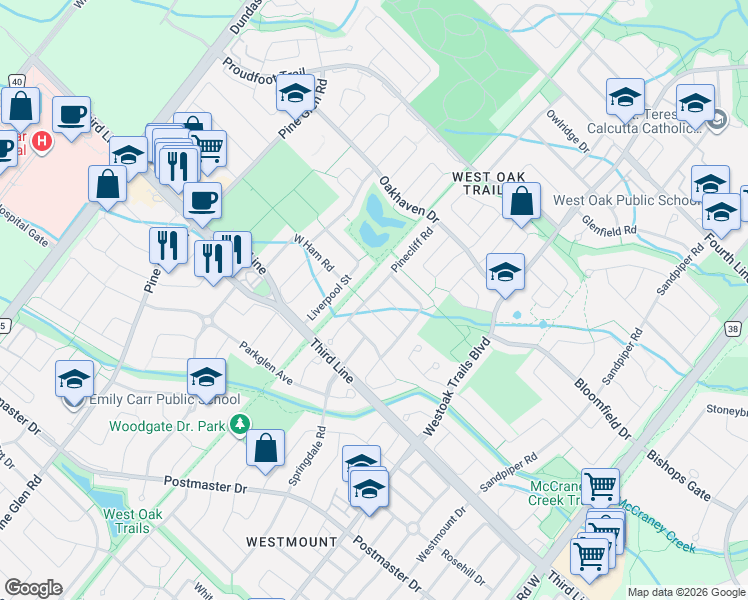 map of restaurants, bars, coffee shops, grocery stores, and more near 1476 Pinecliff Road in Oakville