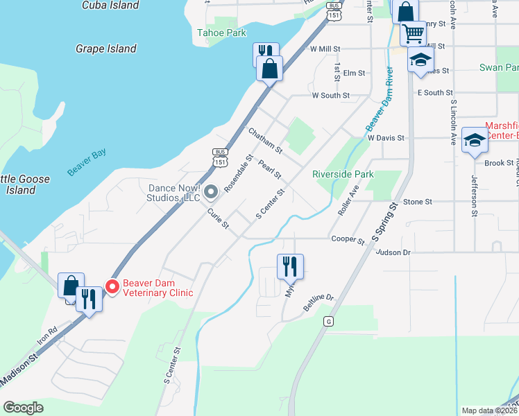map of restaurants, bars, coffee shops, grocery stores, and more near 730 South Center Street in Beaver Dam