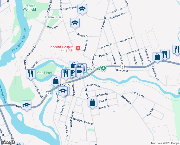map of restaurants, bars, coffee shops, grocery stores, and more near 522 Central St in Franklin