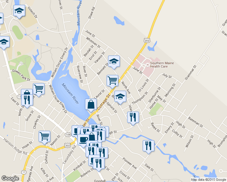 map of restaurants, bars, coffee shops, grocery stores, and more near 81 Cottage Street in Sanford