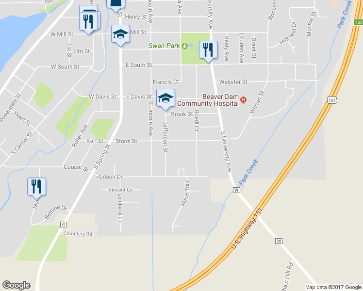 map of restaurants, bars, coffee shops, grocery stores, and more near 311 Stone Street in Beaver Dam