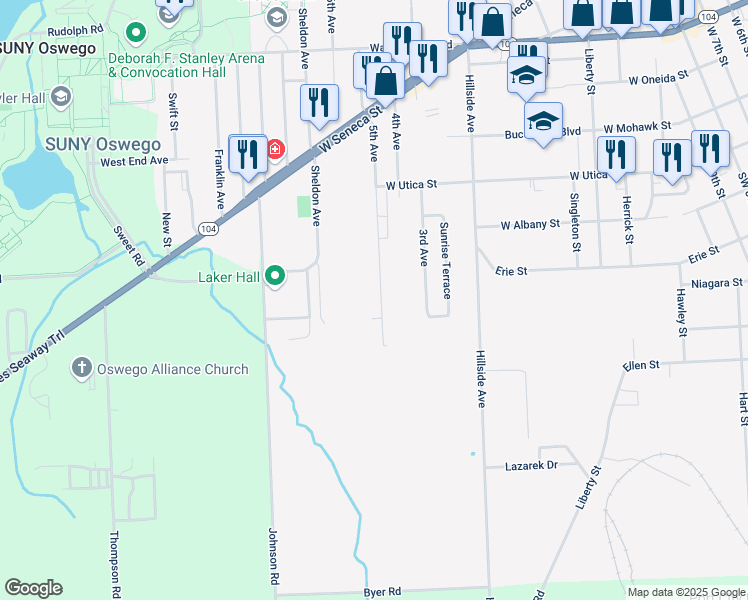 map of restaurants, bars, coffee shops, grocery stores, and more near 204 5th Avenue in Oswego