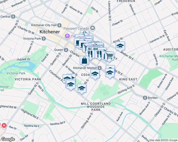 map of restaurants, bars, coffee shops, grocery stores, and more near in Kitchener