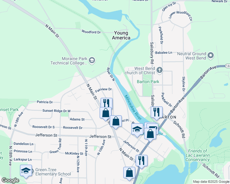 map of restaurants, bars, coffee shops, grocery stores, and more near 1941 Fairview Drive in West Bend