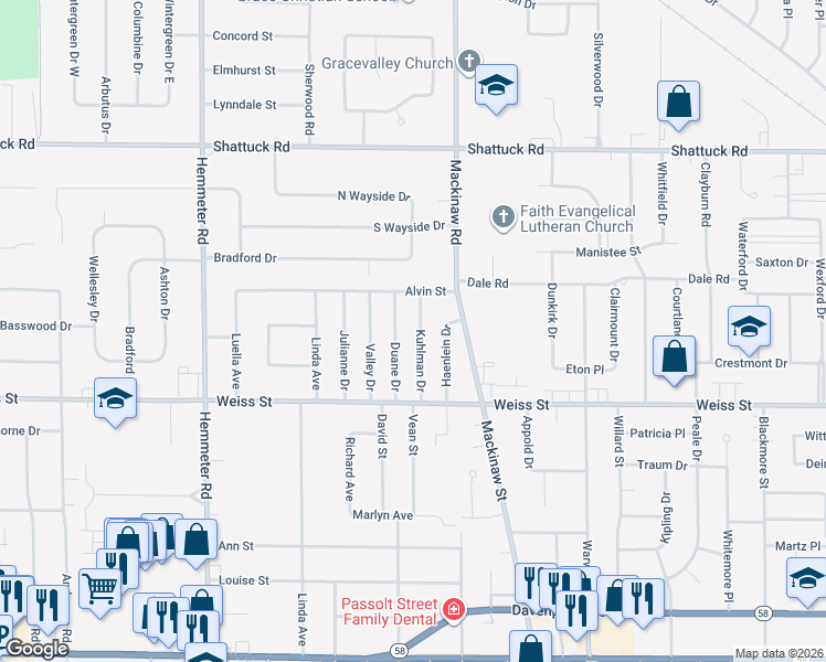 map of restaurants, bars, coffee shops, grocery stores, and more near 2643 Kuhlman Drive in Saginaw